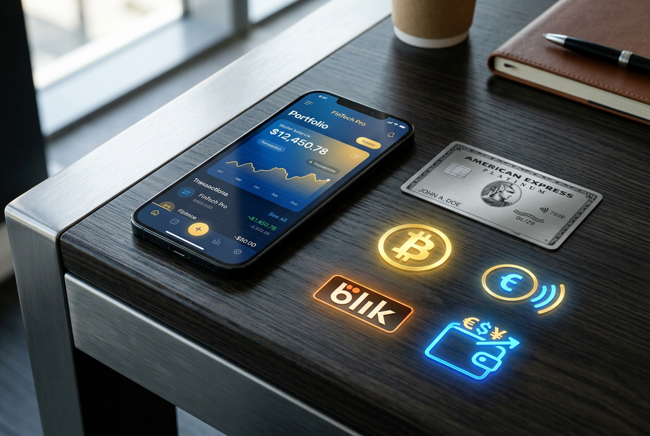 Smartfon z ikonami płatności BLIK, kryptowalut i e-portfeli na eleganckim biurku.